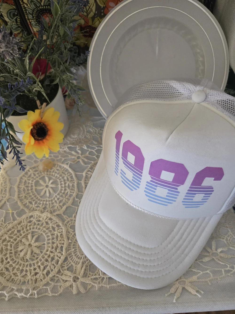 4/$15 Boho Streetwear White '1986' Mesh Trucker Hat - Casual Retro Style